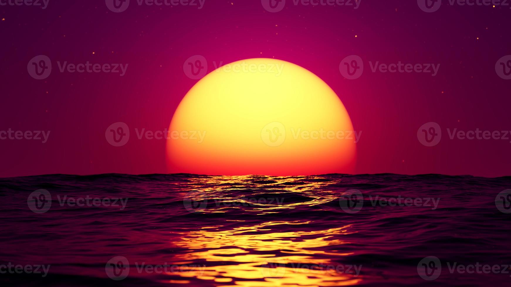 grand soleil rouge chaud dans le reflet de la mer à l'horizon. illustration de rendu 3d. photo