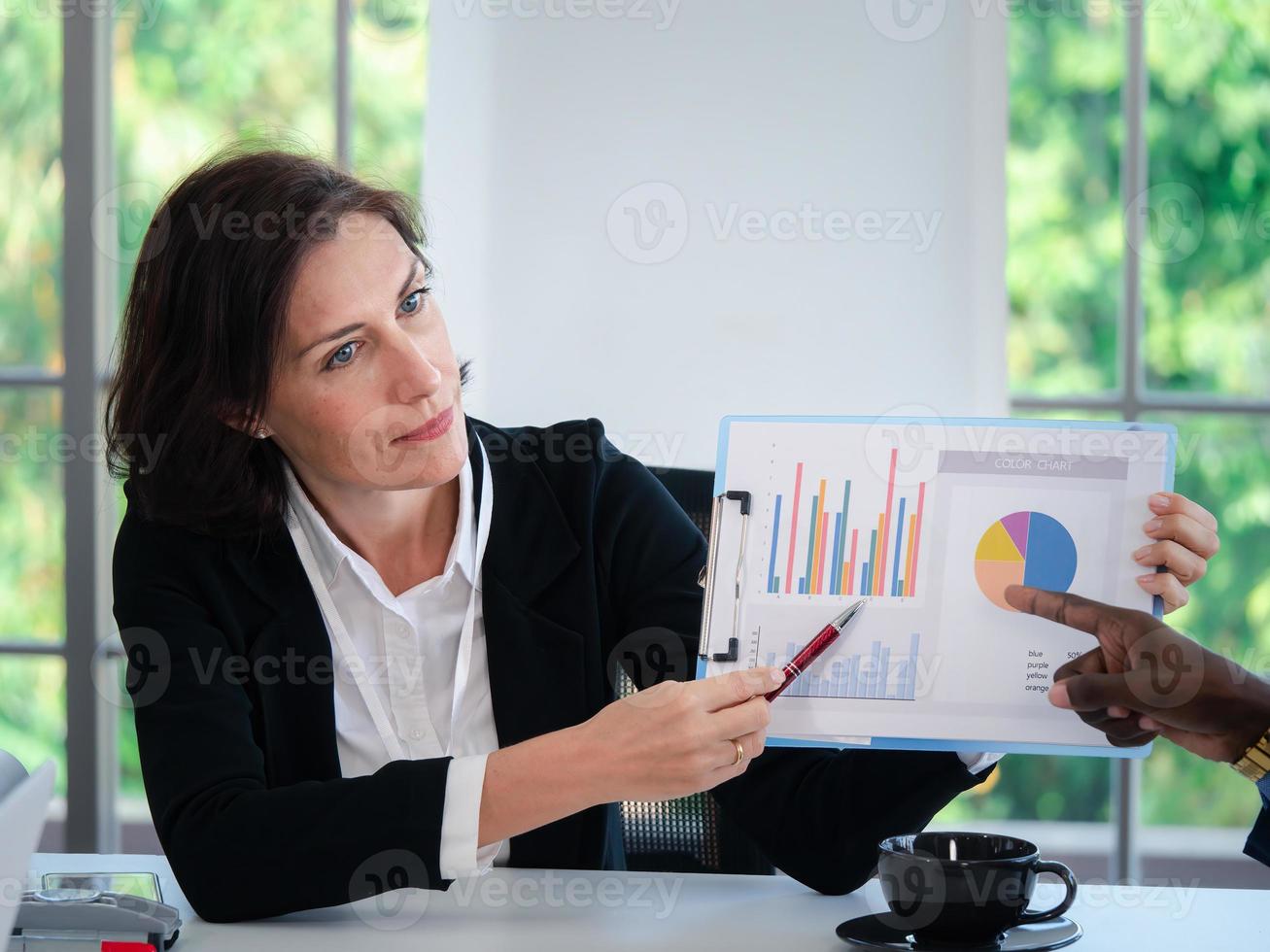 portrait de présentatrices dirigeantes de femmes d'affaires montrant des graphiques de croissance et prenant une conversation d'affaires lors de réunions de conférence de bureau. collègues discutant et consultant le concept photo