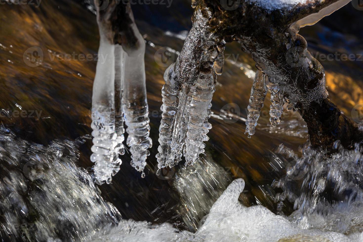 glaçons dans une petite rivière forestière photo