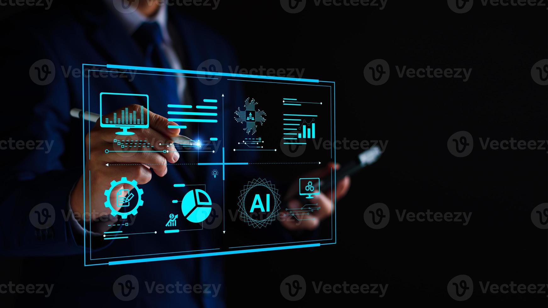 concept d'analyse de base de données d'entreprise. homme d'affaires analysant des données économiques. liés aux opérations commerciales, analyse des tendances économiques futures, écrans virtuels, réseautage d'affaires, technologie Internet. photo