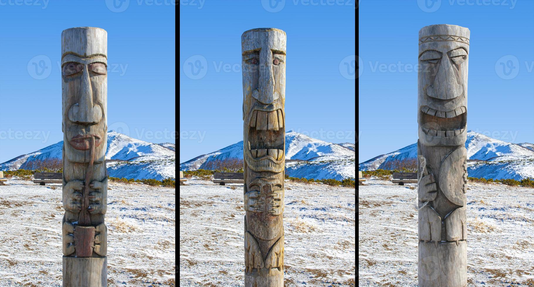 ensemble de statues d'idoles en bois près du volcan vilyuchik, péninsule du kamtchatka photo