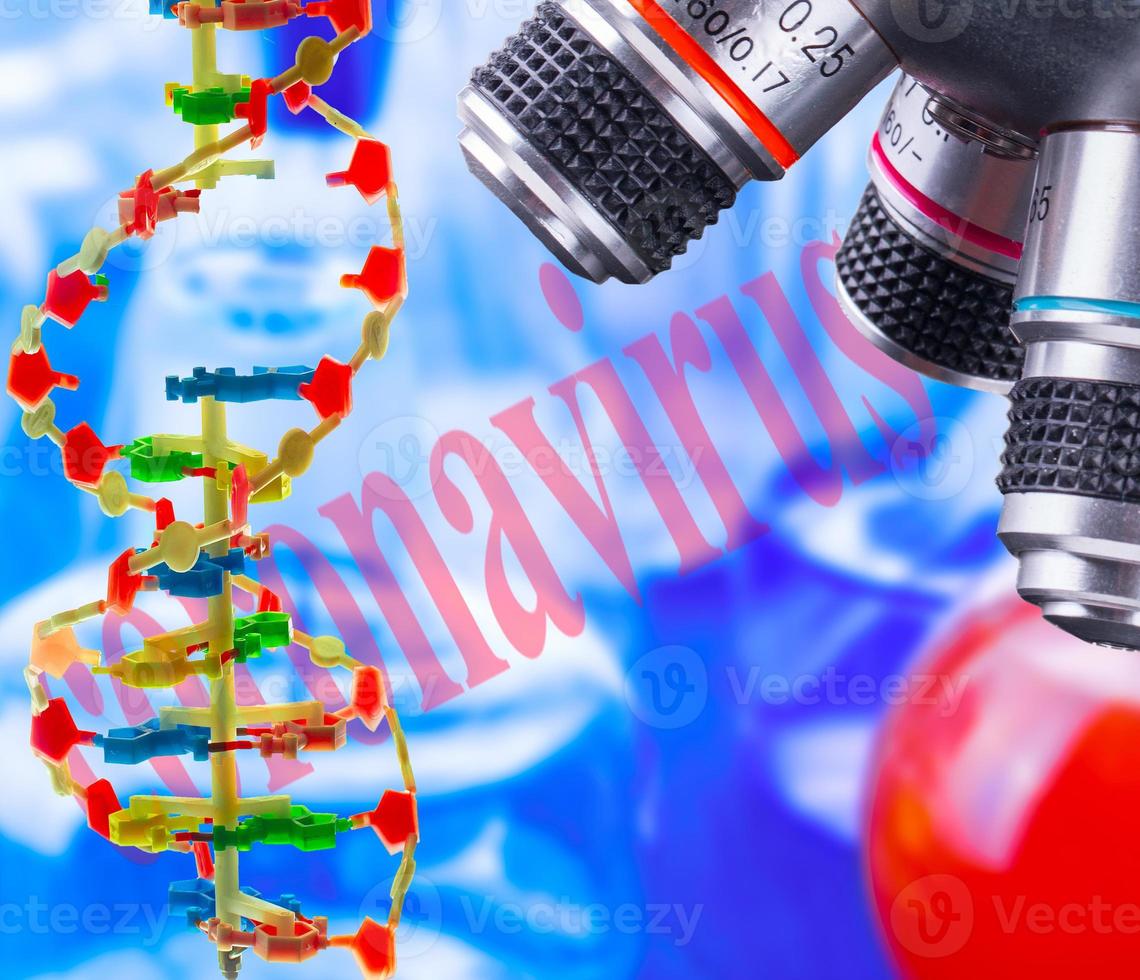 ADN sous microscope, flacons chimiques et menace de coronavirus photo