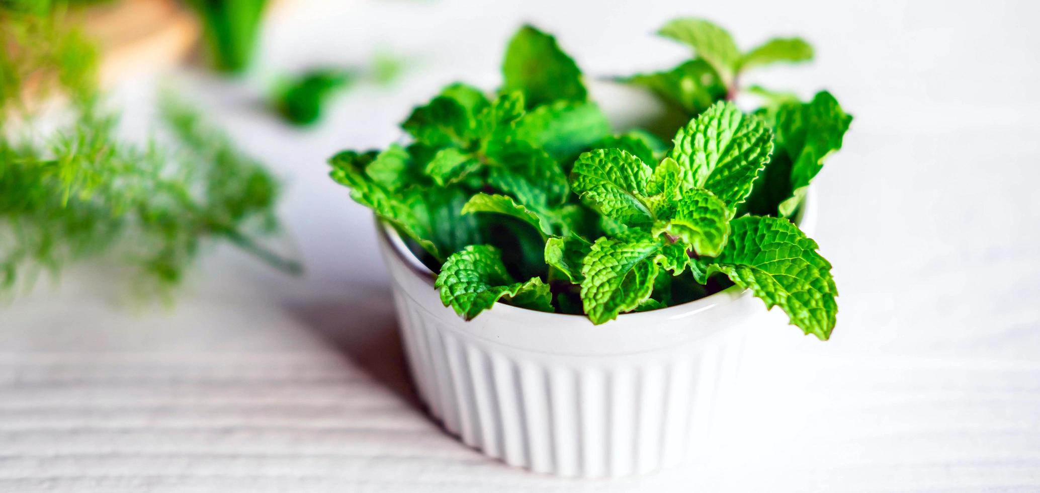 feuille de menthe ou herbes de menthe fraîche dans un bol blanc sur fond blanc photo