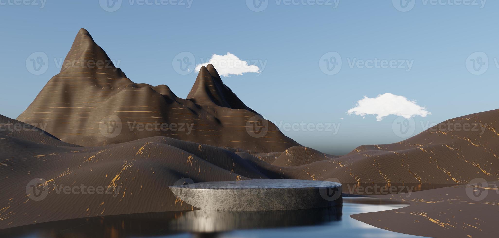 sable de falaise de dune abstraite avec plate-forme de podium métallique. fond de paysage naturel désertique surréaliste. scène de désert avec un design géométrique d'arches métalliques brillantes. rendu 3D. photo