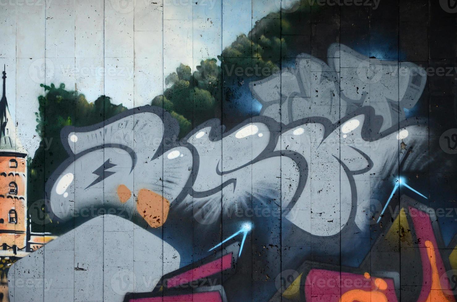 un fragment de graffiti détaillé d'un dessin réalisé avec des peintures en aérosol sur un mur de carreaux de béton. image de fond d'art de rue dans des tons gris photo