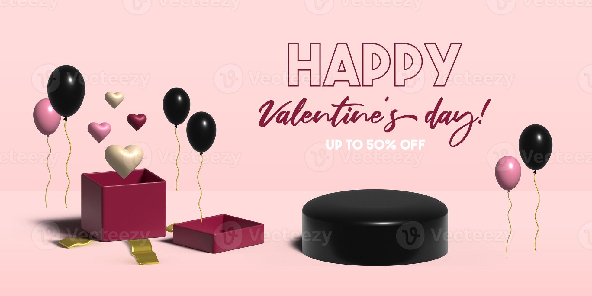 bannière 3d de vente de la saint-valentin avec une boîte cadeau ouverte, des coeurs qui sortent de la boîte, des ballons roses et noirs, un podium et une inscription heureuse de la saint-valentin. photo