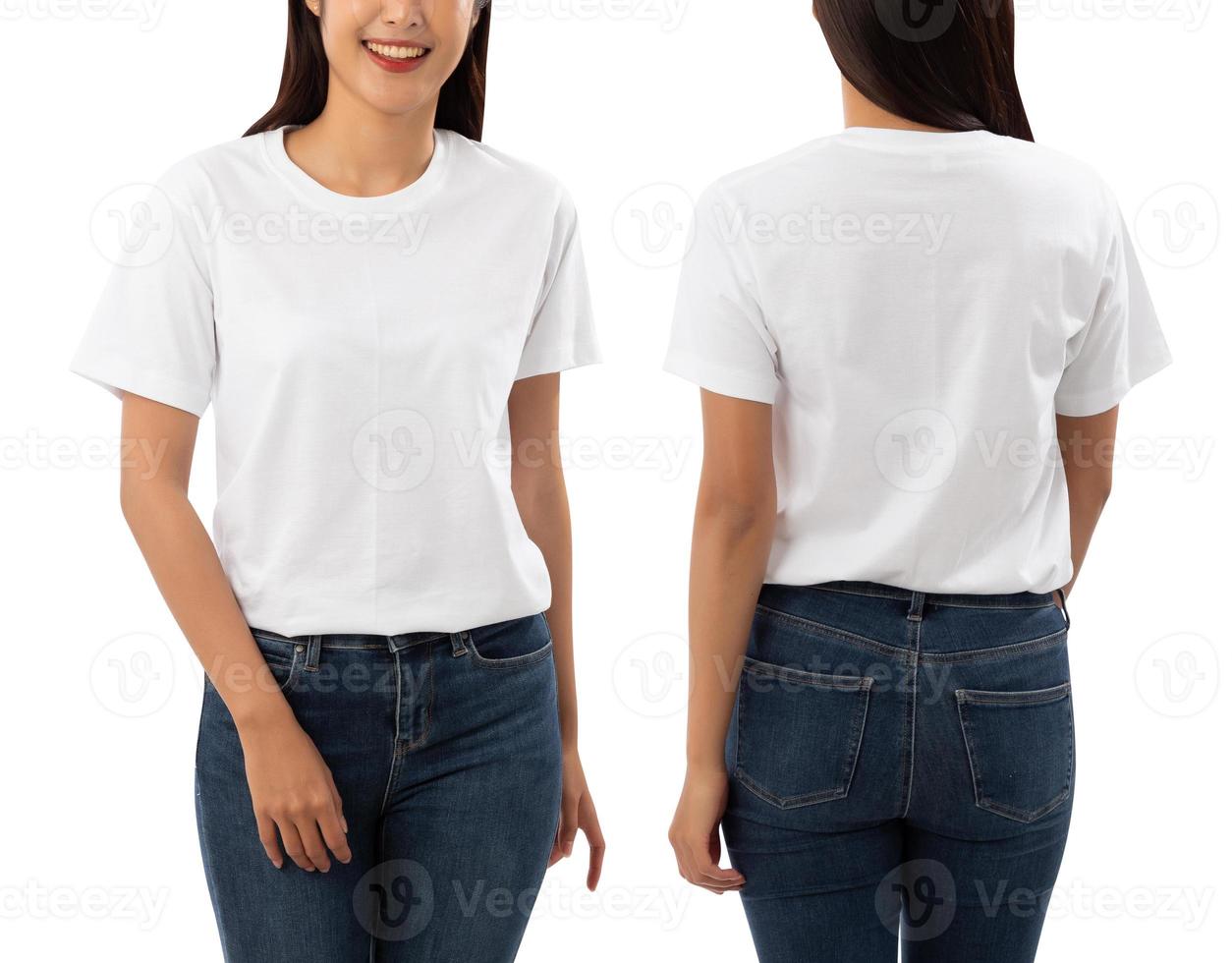 jeune femme en maquette de t-shirt blanc isolé sur fond blanc avec un tracé de détourage photo