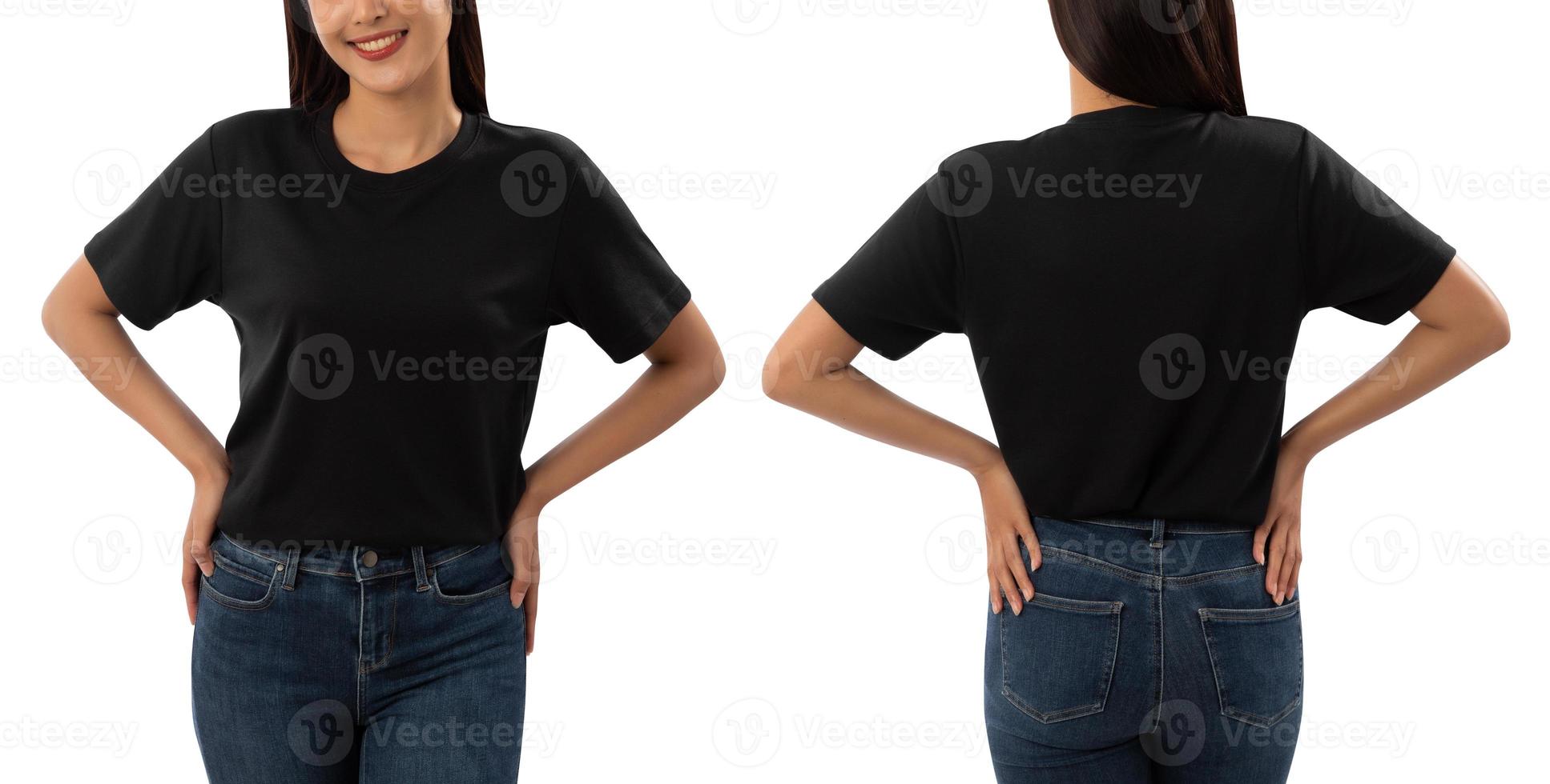 jeune femme en maquette de t-shirt noir isolé sur fond blanc avec un tracé de détourage photo