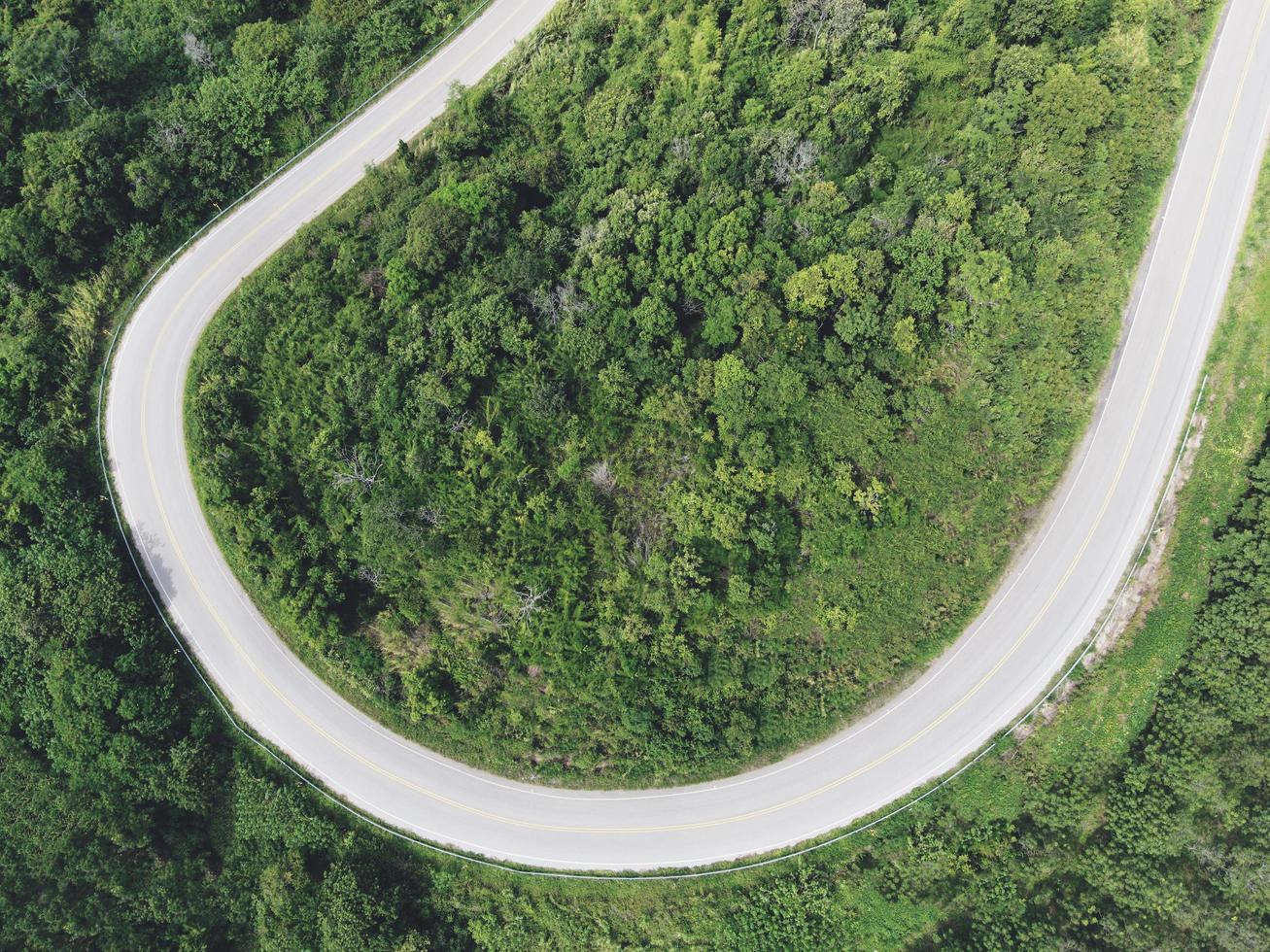 haut de la route courbe - vue aérienne de dessus route rurale dans la forêt, route et forêt tropicale, vue aérienne route dans la nature, écosystème et environnement sain photo