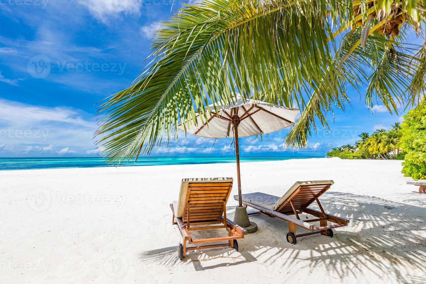 scène de plage tranquille. panorama exotique dans une station balnéaire tropicale, palmiers, sable blanc, ciel bleu et mer. destination de lune de miel, vacances d'été ou paysage conceptuel de vacances. paysage panoramique photo