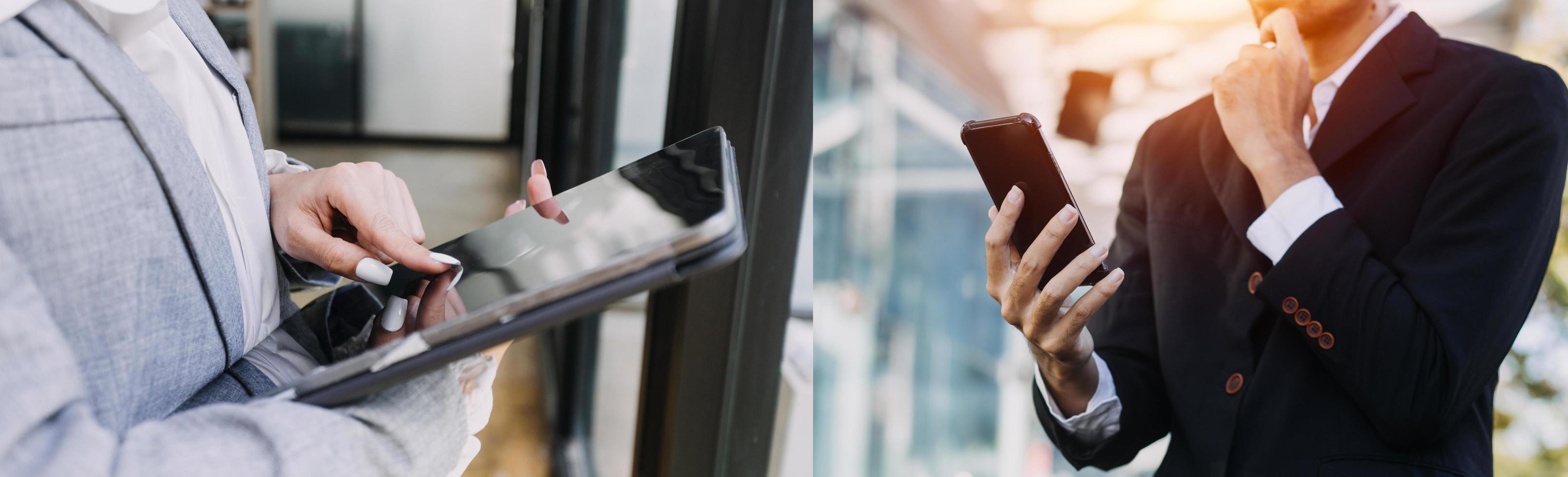 homme d'affaires et équipe analysant la tâche de financement des états financiers. avec téléphone intelligent et ordinateur portable et tablette. notion de gestion de patrimoine photo