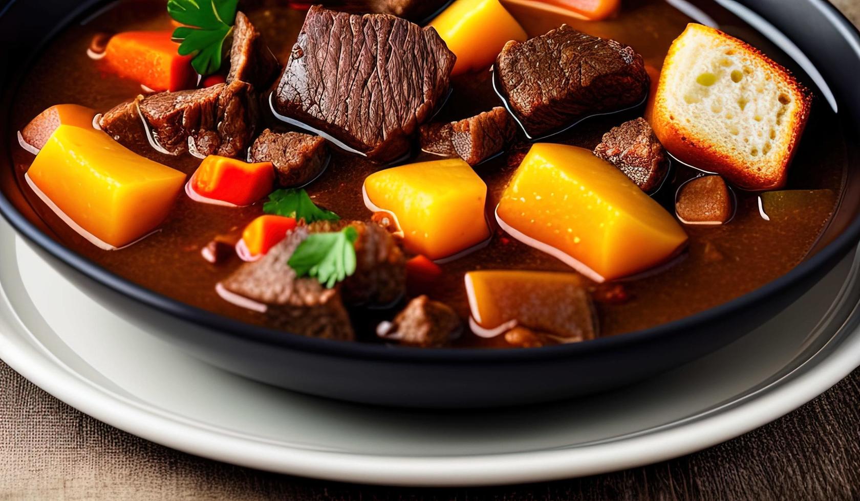 photographie culinaire professionnelle gros plan d'un bol de ragoût de boeuf avec du pain sur le côté photo