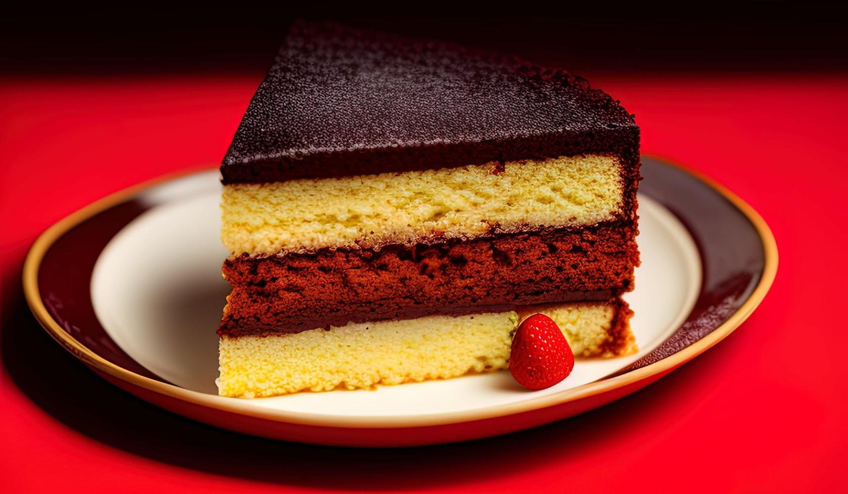 photographie culinaire professionnelle d'un morceau de gâteau assis sur une assiette rouge photo