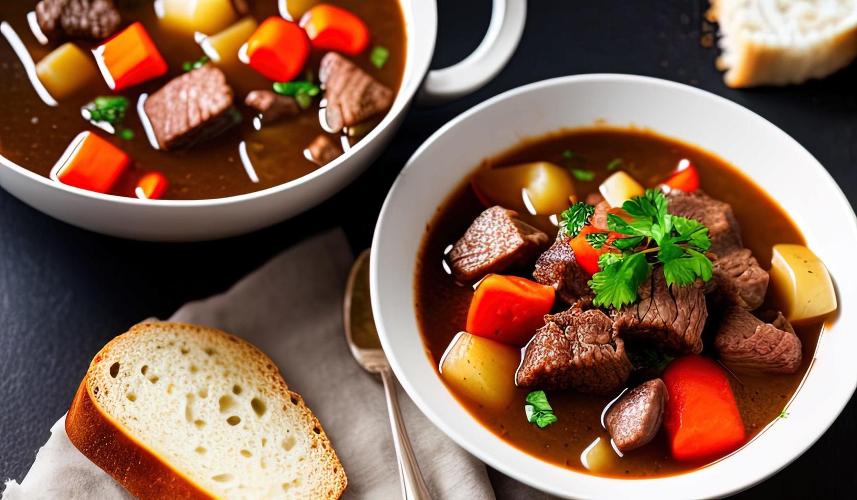 photographie culinaire professionnelle gros plan d'un bol de ragoût de boeuf avec du pain sur le côté photo