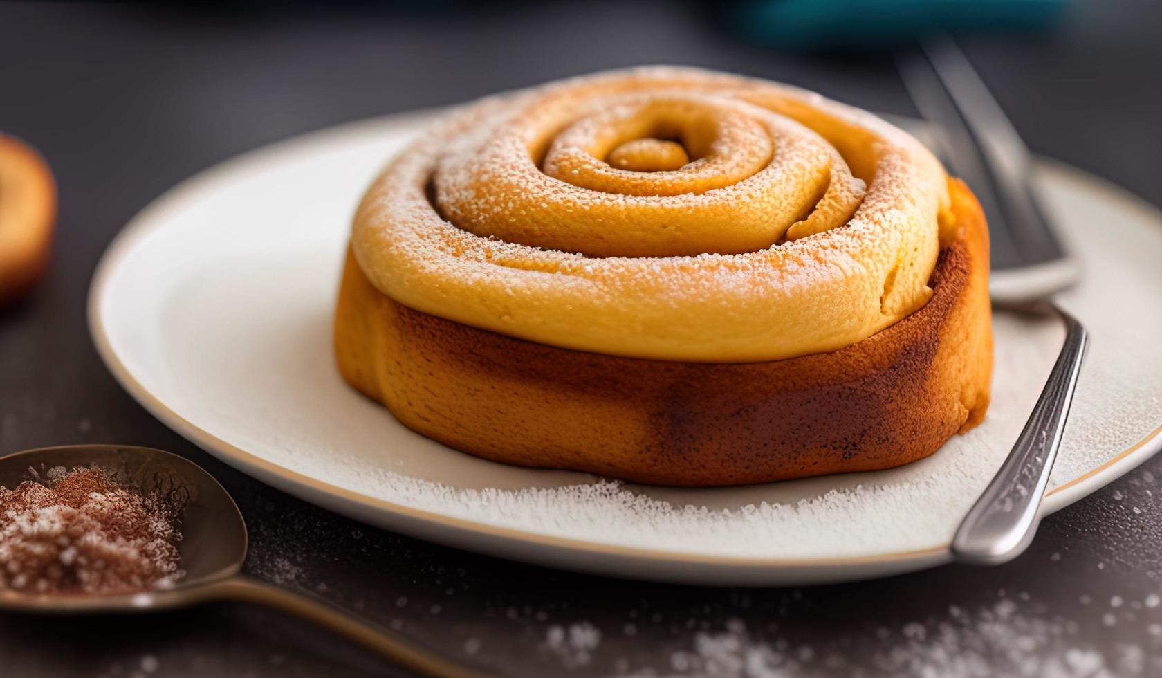 publicité photographie alimentaire professionnelle gros plan d'un tas de brioches à la cannelle recouvertes de sucre photo