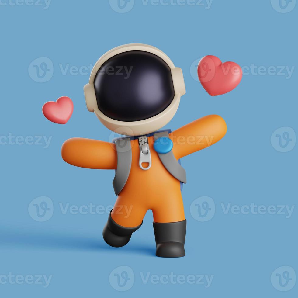 Le rendu 3D de l'astronaute tombe amoureux de la pose. illustration de personnage mignon photo