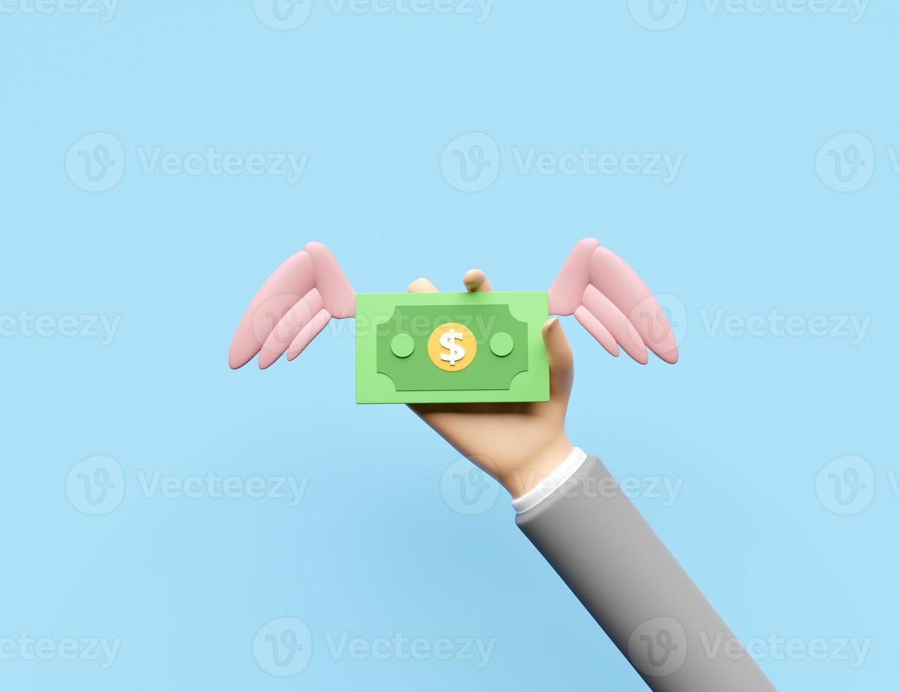 mains d'homme d'affaires tenant des ailes de billets de banque en dollars volants isolés sur fond bleu. concept d'entreprise de richesse d'économie d'argent, illustration de rendu 3d photo