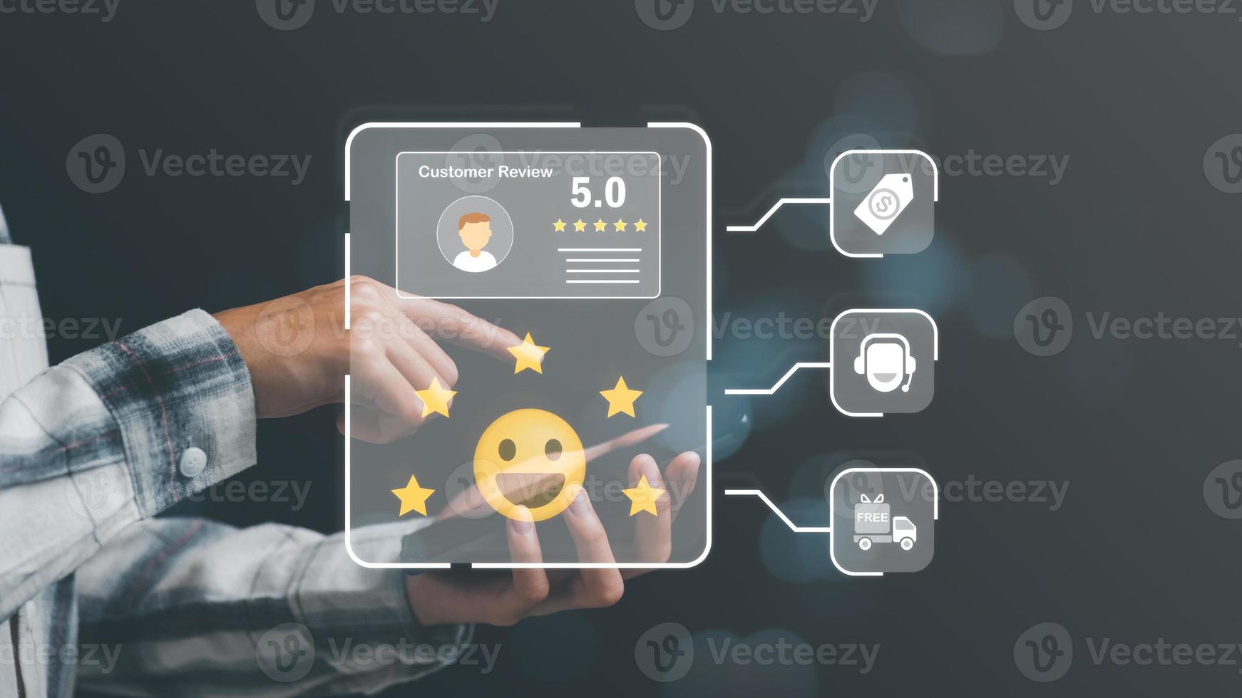 service client et concept de satisfaction, satisfaction du service, note très impressionnante, évaluation et audit, consommateur et icône 5 étoiles, représente la plus haute qualité en termes de produits et services. photo