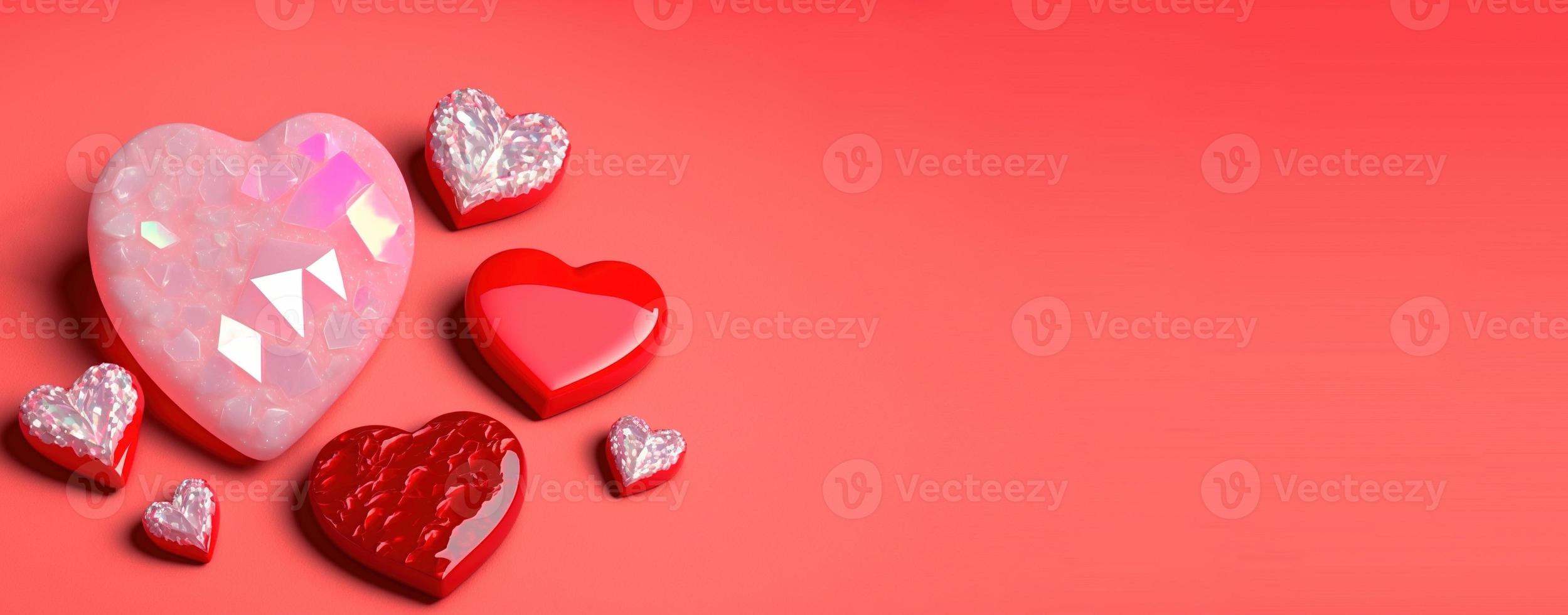 illustration scintillante de coeur, de diamant et de cristal 3d pour l'arrière-plan et la bannière de conception de la saint-valentin photo