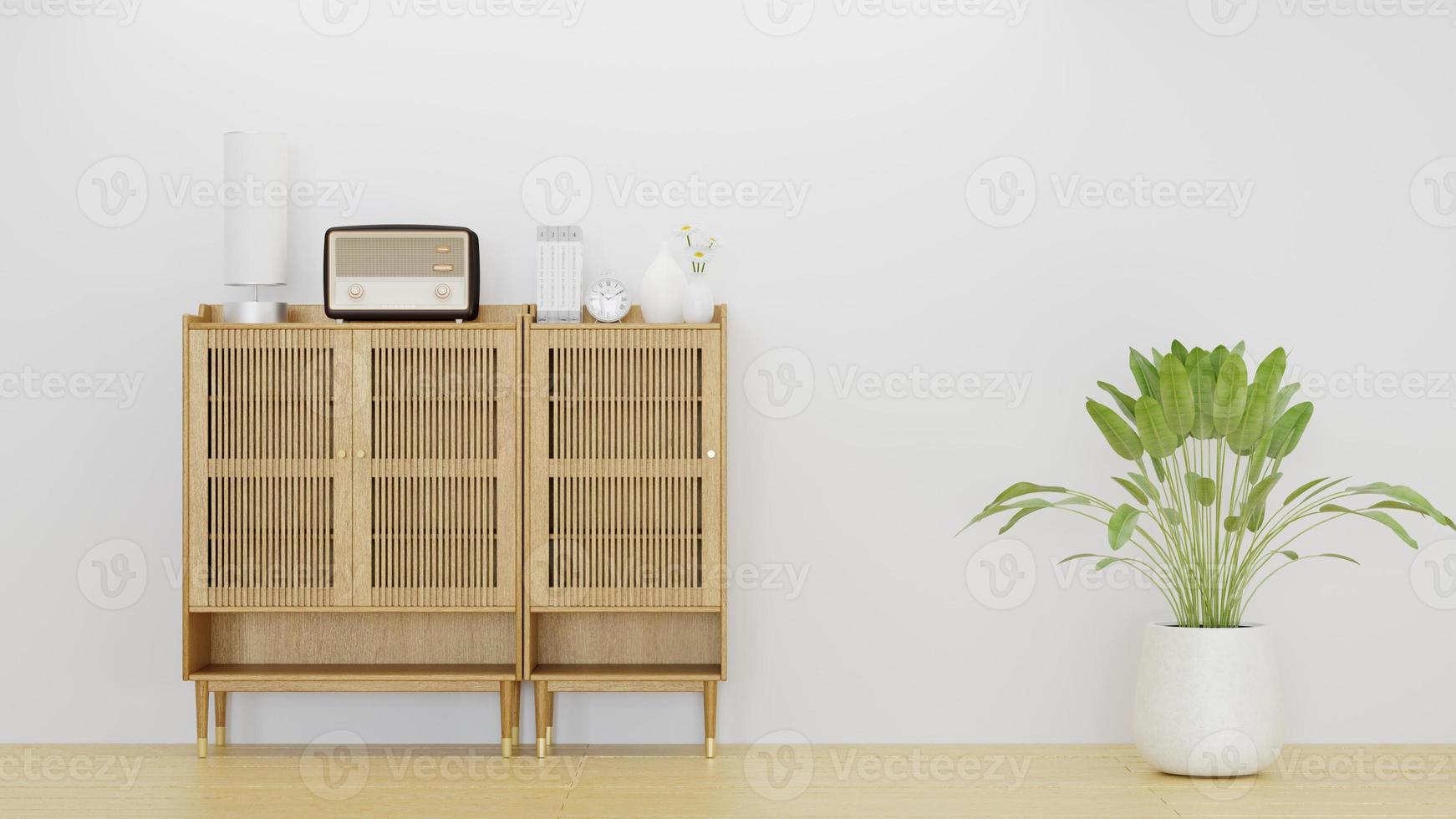 Armoire en bois de rendu 3d style minimal dans le salon, plante dans photo