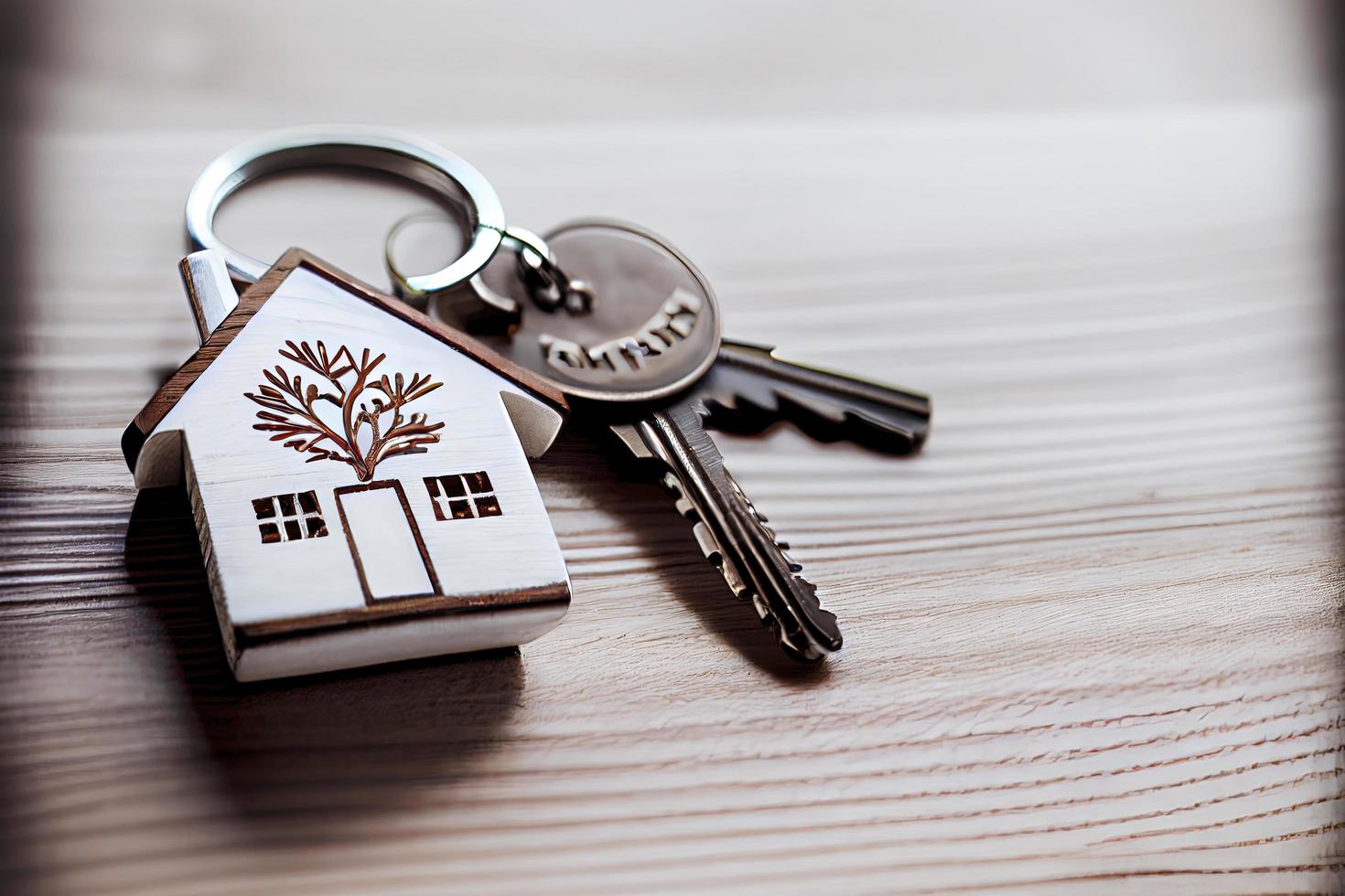 concept immobilier - porte-clés et clés sur fond de bois blanc photo