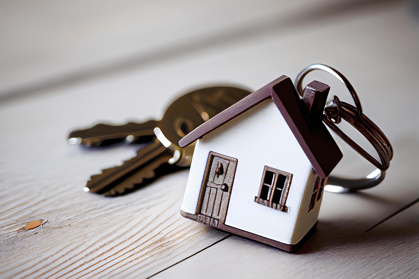 concept immobilier - porte-clés et clés sur fond de bois blanc photo