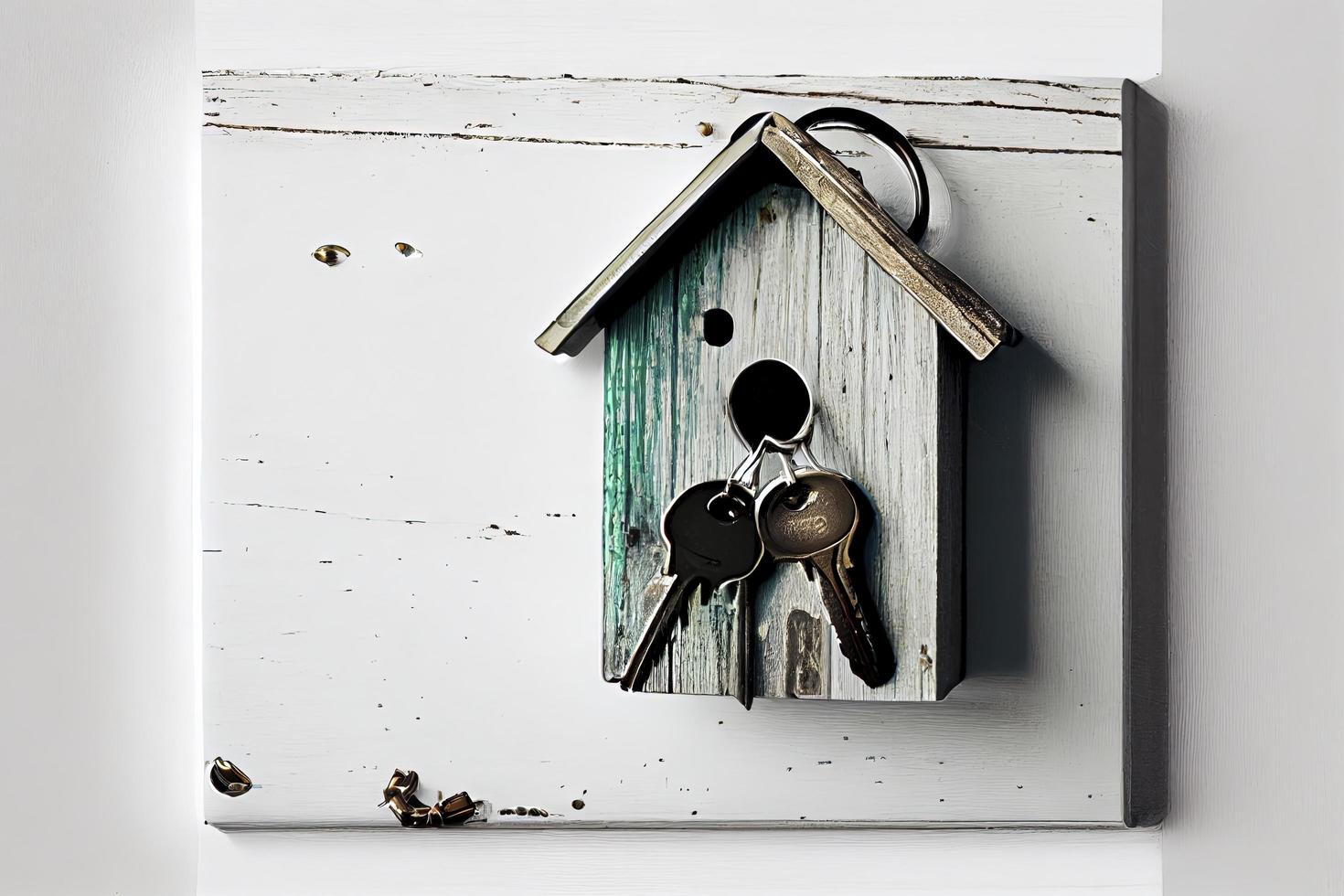 concept immobilier - porte-clés et clés sur fond de bois blanc photo