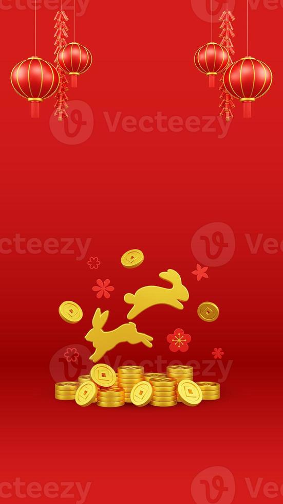 illustration 3d du nouvel an chinois avec ornement pour la promotion de l'événement page de destination des médias sociaux lapin avec lanternes rouges et pièces de monnaie pour la célébration du nouvel an chinois pour le nouvel an chinois photo