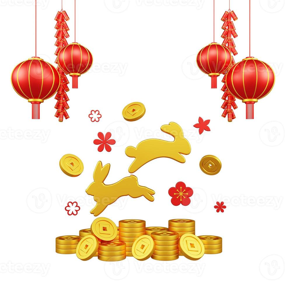 illustration 3d du nouvel an chinois avec ornement pour la promotion de l'événement page de destination des médias sociaux lapin avec lanternes rouges et pièces de monnaie pour la célébration du nouvel an chinois pour le nouvel an chinois photo