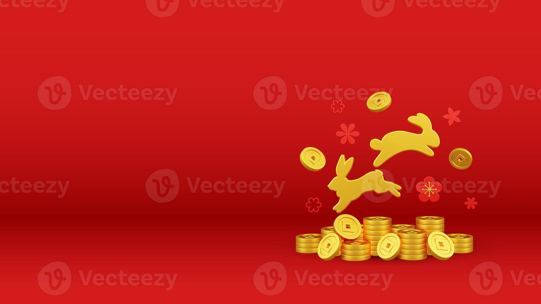 illustration 3d du nouvel an chinois avec ornement pour la promotion de l'événement page de destination des médias sociaux lapin avec lanternes rouges et pièces de monnaie pour la célébration du nouvel an chinois pour le nouvel an chinois photo
