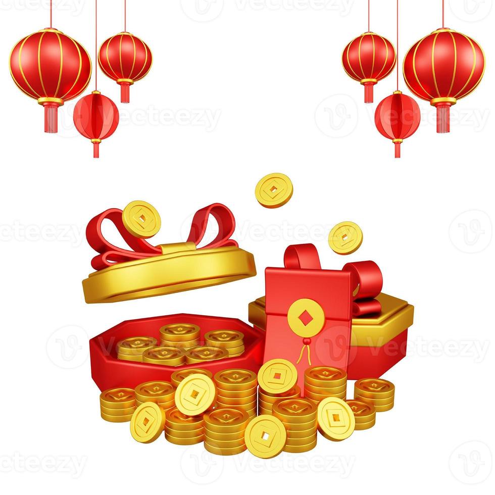 illustration 3d du nouvel an chinois avec ornement pour la promotion de l'événement page de destination des médias sociaux avec enveloppe rouge et pièces de boîte-cadeau pour la célébration du nouvel an chinois photo