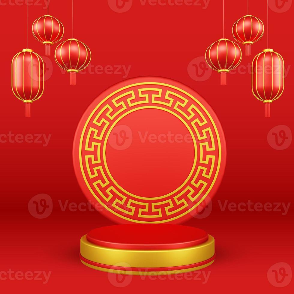 illustration 3d du nouvel an chinois avec ornement pour la promotion de l'événement boîte cadeau de page de destination des médias sociaux avec lampes en papier asiatique photo