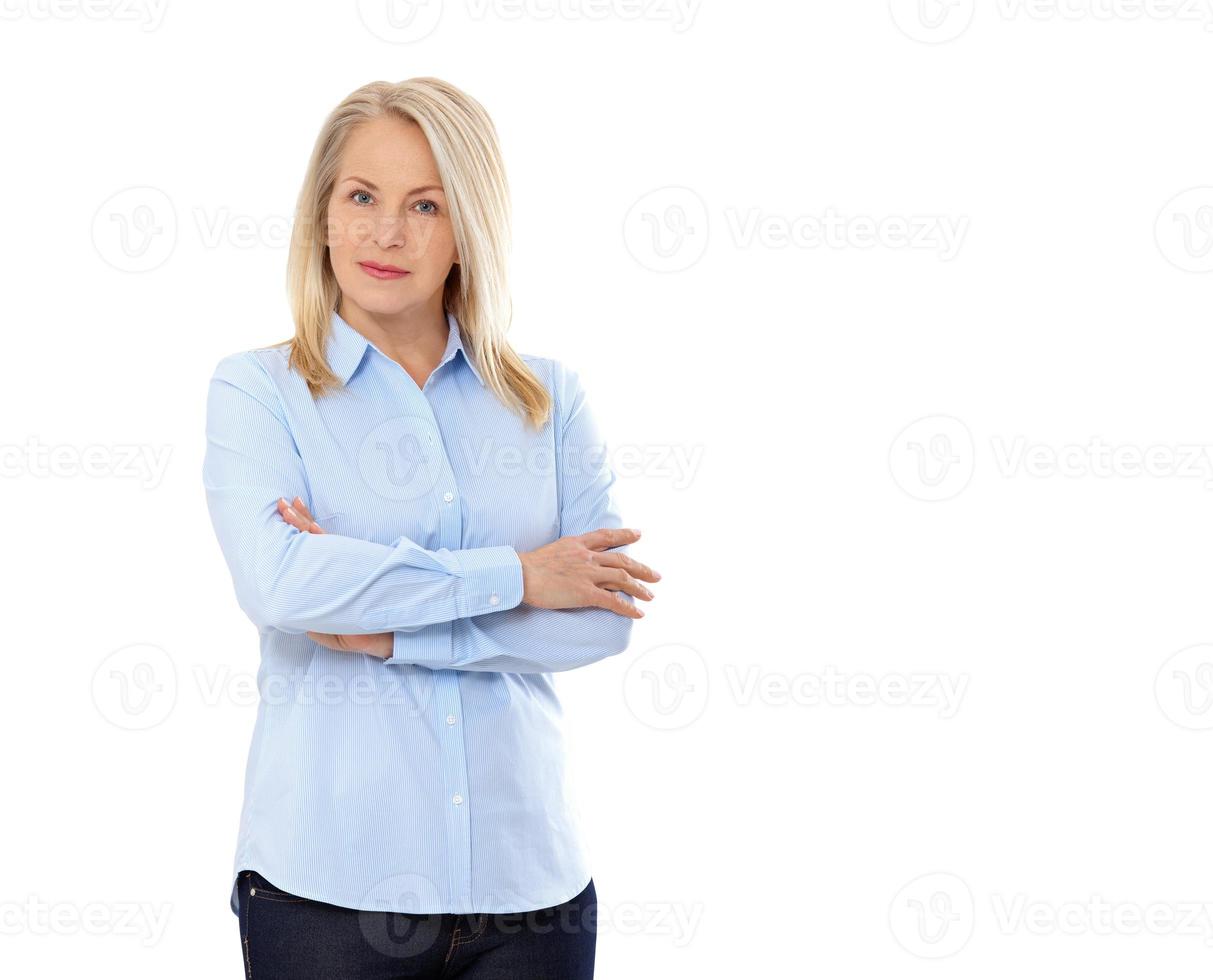 femme d'affaires isolée sur blanc. jolies femmes heureuses photo