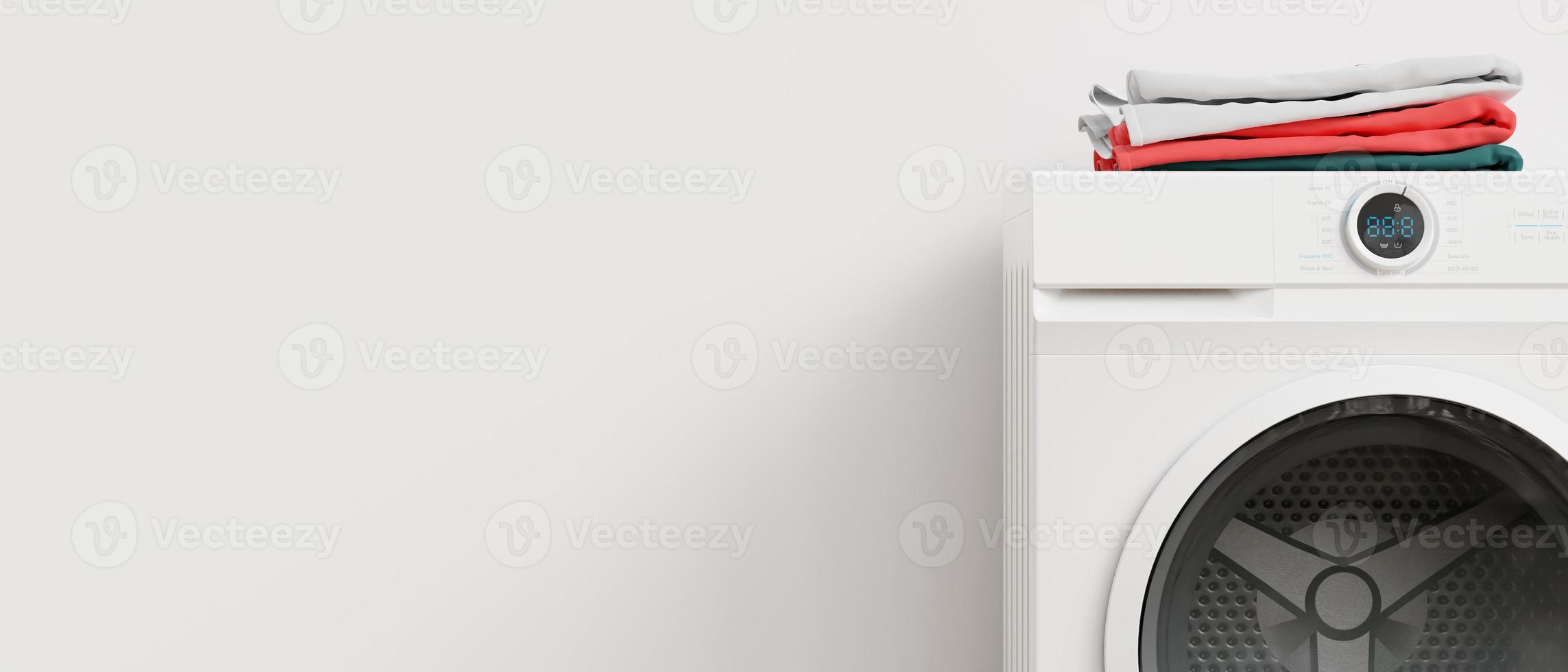 machine à laver debout dans une pièce vide. copiez l'espace pour le texte, la publicité. équipement électrique domestique. appareil ménager moderne utilisé pour laver le linge. laveuse à chargement frontal. rendu 3d. photo