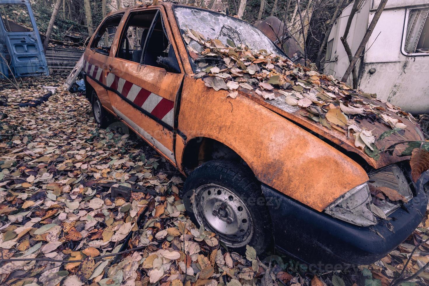vieilles voitures abandonnées jetées dans la forêt quelque part en belgique. photo