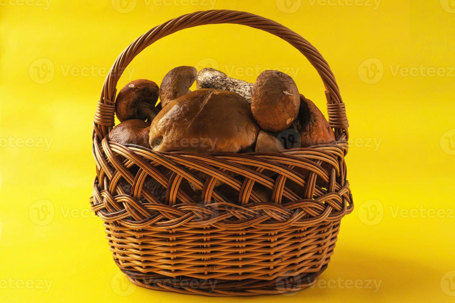 panier en osier avec champignons sauvages blancs, sur fond jaune