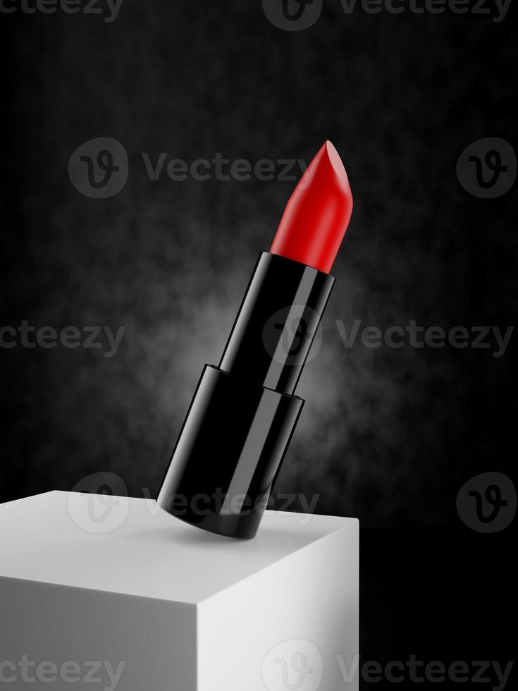 gros plan d'un rouge à lèvres rouge sur un bloc blanc avec un fond texturé sombre - rendu d'illustration 3d photo