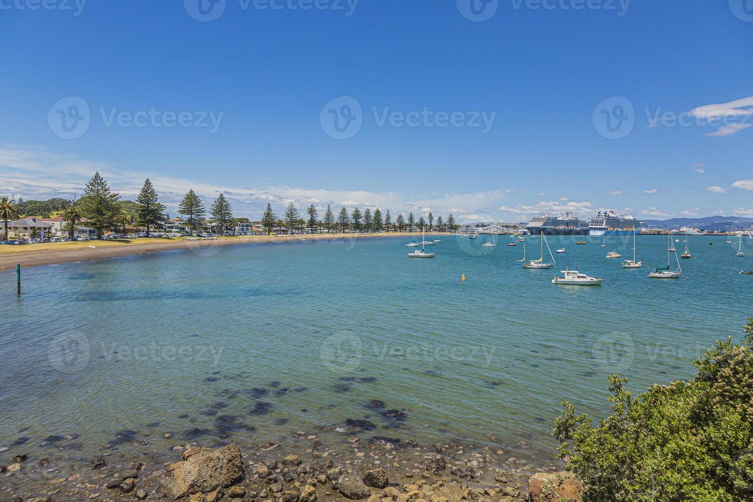 vue sur le port et le terminal de croisière de la ville de tauranga sur l'île du nord de la nouvelle-zélande en été photo