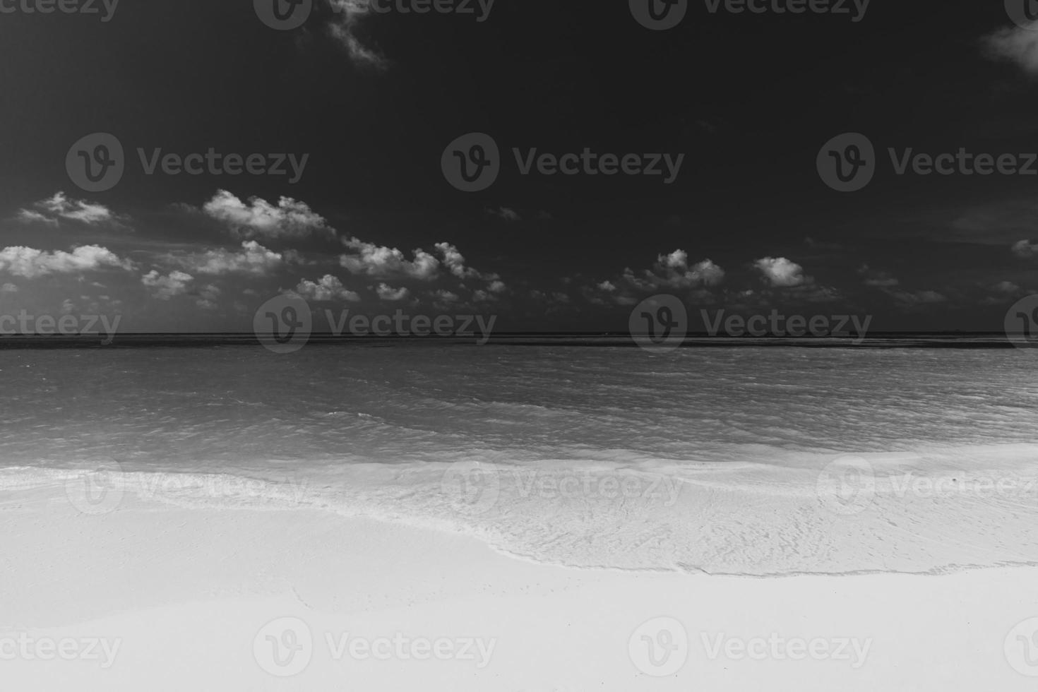 scène de plage tranquille en noir et blanc. paysage spectaculaire de la côte de l'île, ciel sombre avec de l'eau calme. côte tropicale monochrome, sable doux, bord de mer extérieur naturel. vacances de voyage d'été abstrait de luxe photo