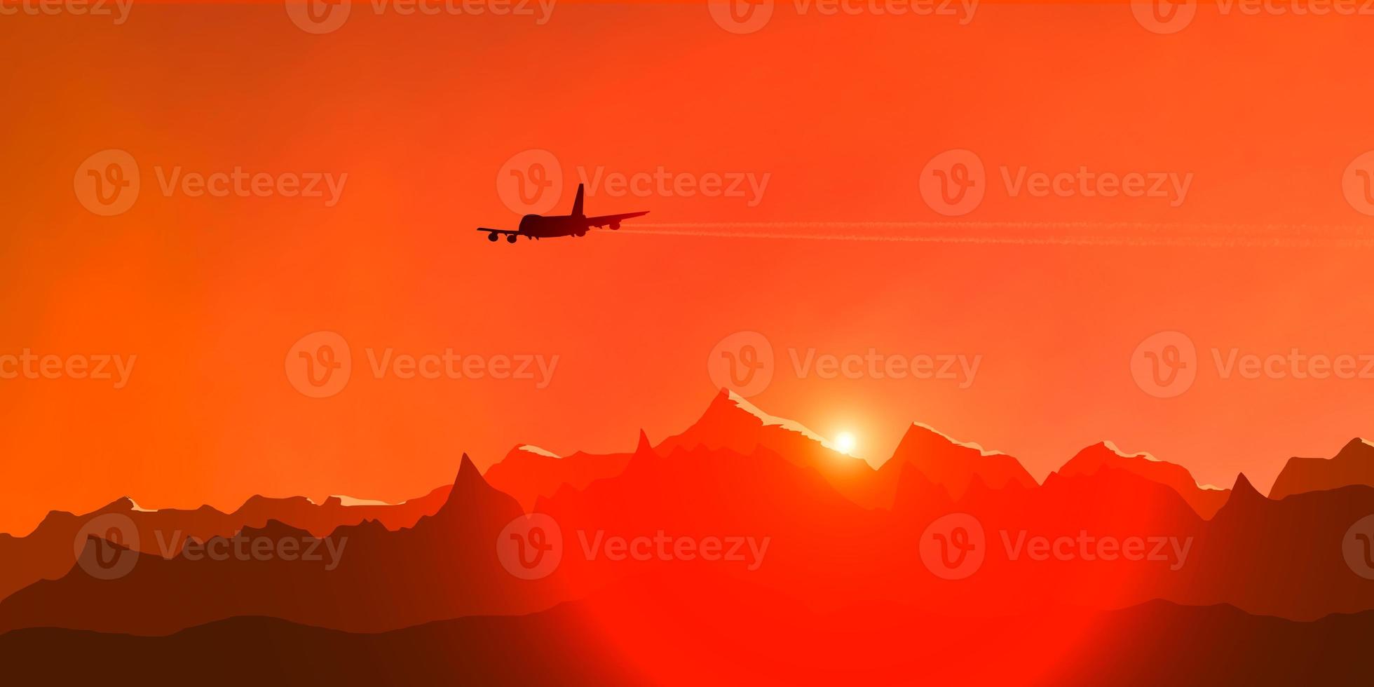 silhouette d'un avion de passagers sur fond de coucher de soleil et de montagnes photo