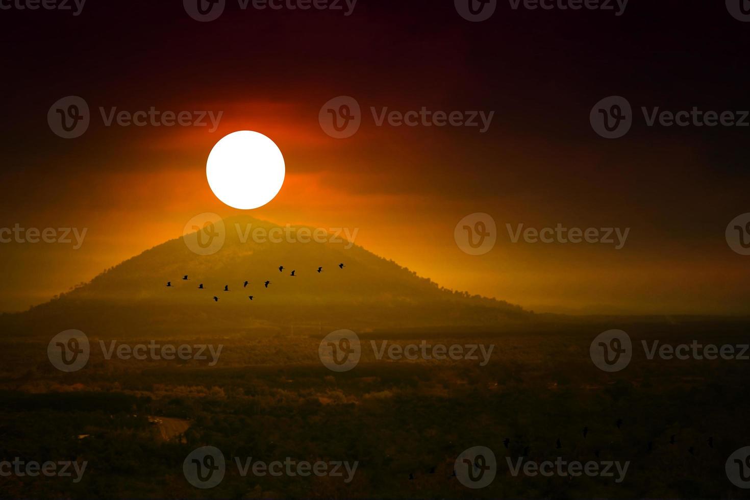 coucher de soleil sur le ciel du matin sur la colline et la montagne et silhouette oiseau volant photo