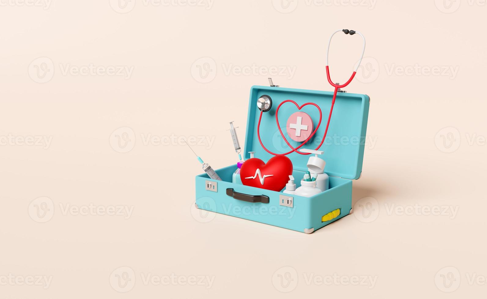 sac de trousse de premiers soins avec stéthoscope, seringue, coeur rouge et fréquence cardiaque de pression artérielle isolée sur fond de couleur crème. amour de la santé ou concept de la journée mondiale du coeur, illustration 3d, rendu 3d photo