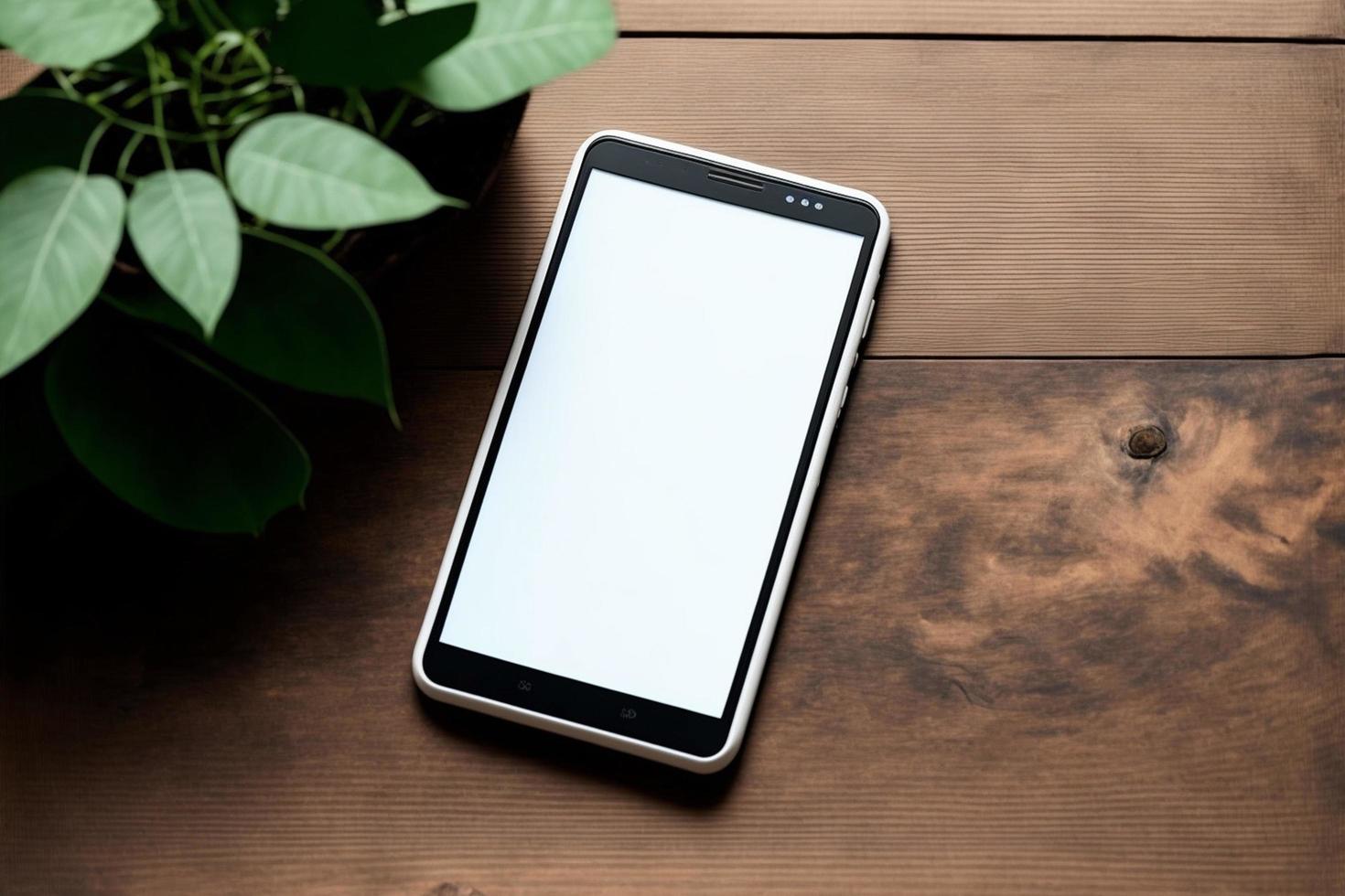 téléphone portable avec écran blanc sur une surface en bois, smartphone tourné à plat posé sur une table avec un écran couleur unique, espace de copie photo