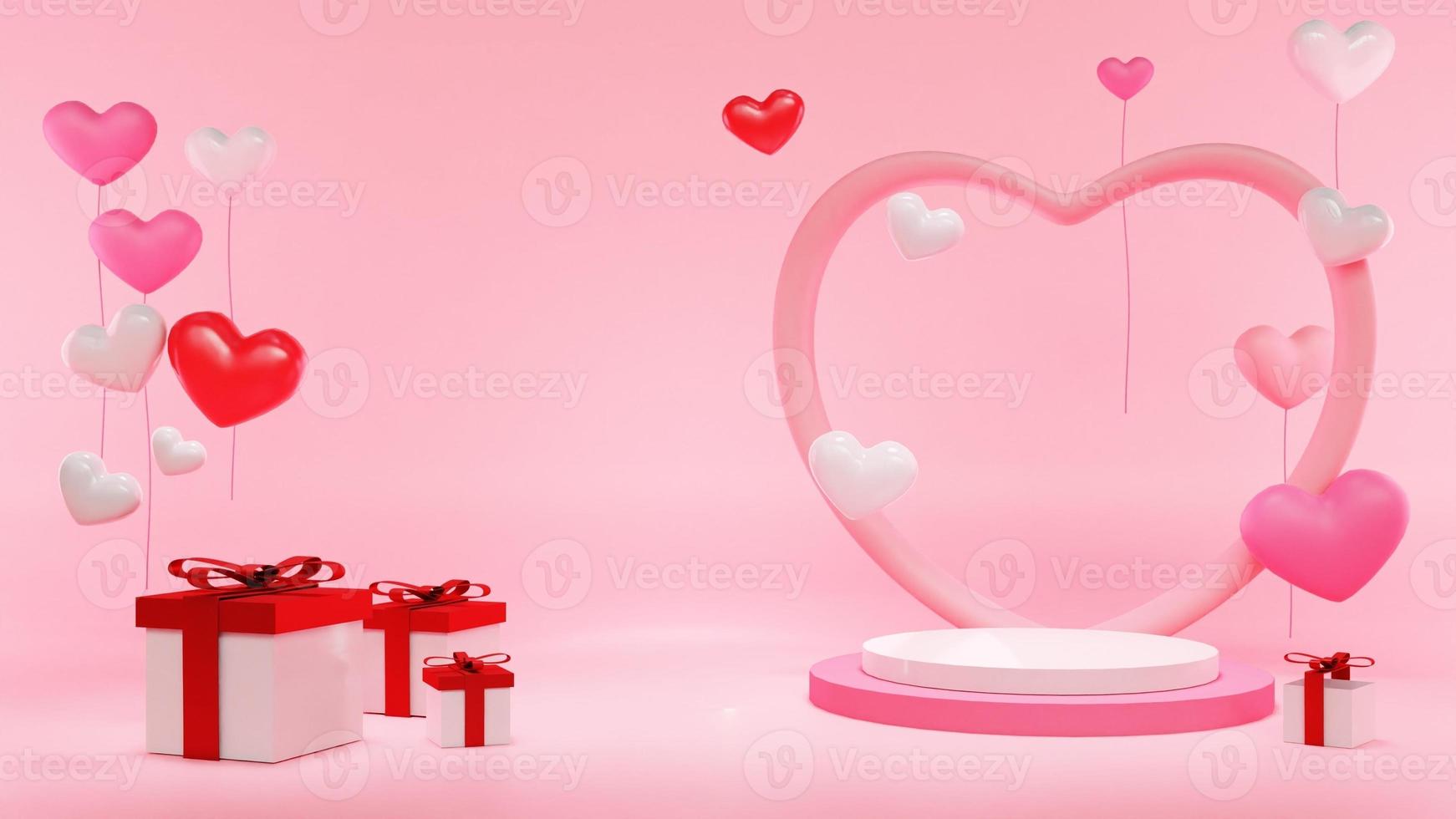 Illustrations 3d rose avec fond de saint valentin podium boîte cadeau photo