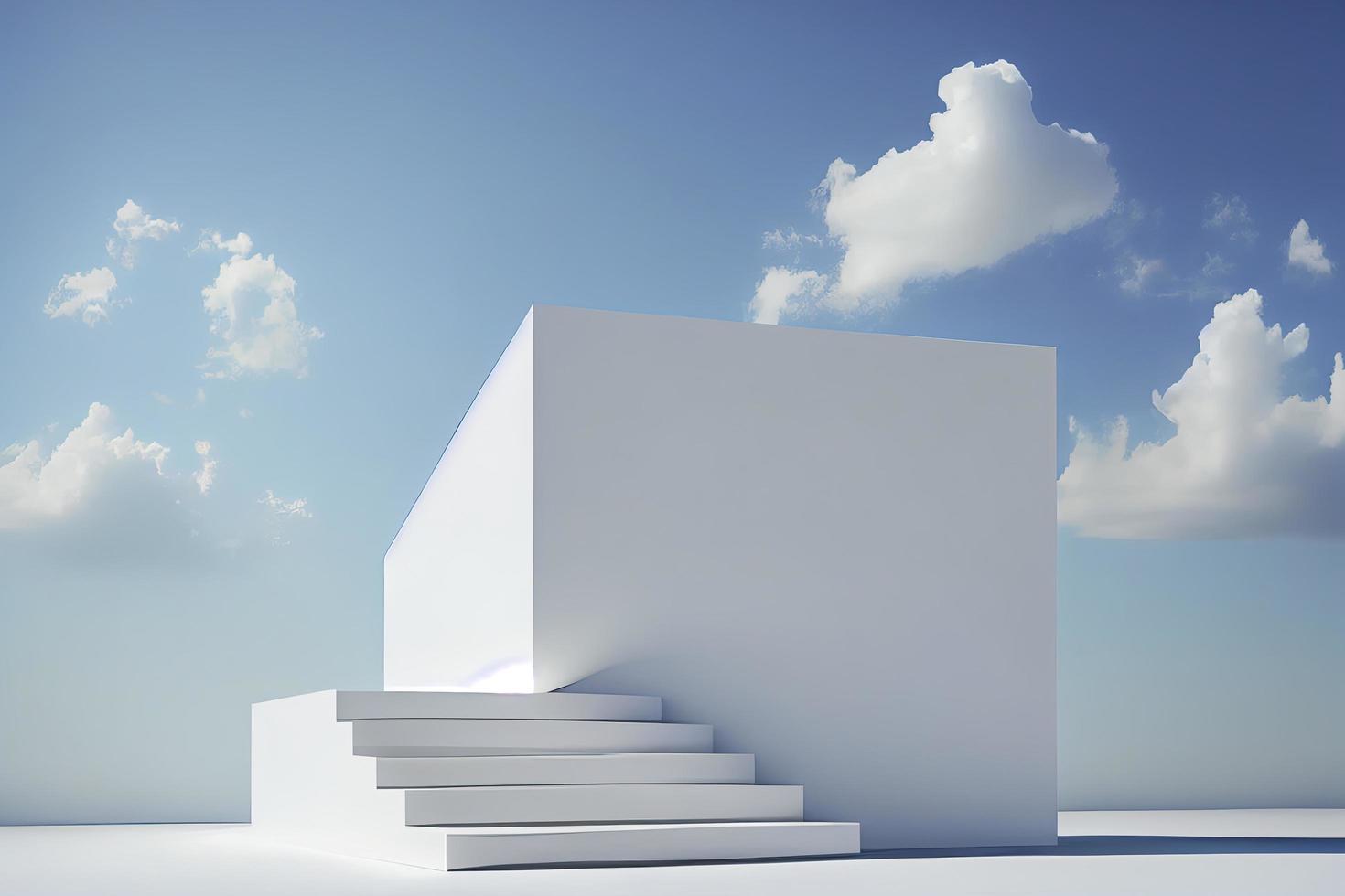 vue de face du podium blanc et de l'escalier avec un espace vide sur fond bleu ciel nuageux photo