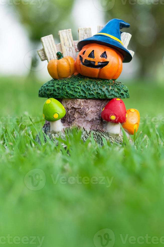 citrouille d'halloween dans le fond de la nature verte du jardin photo