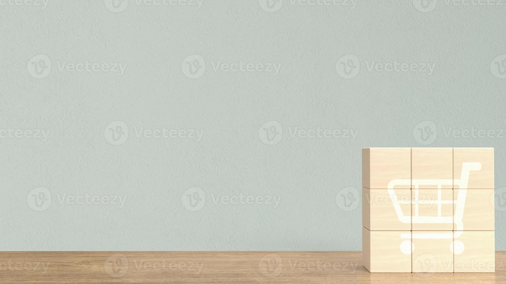 l'icône du panier sur le cube en bois pour le rendu 3d du concept d'entreprise photo