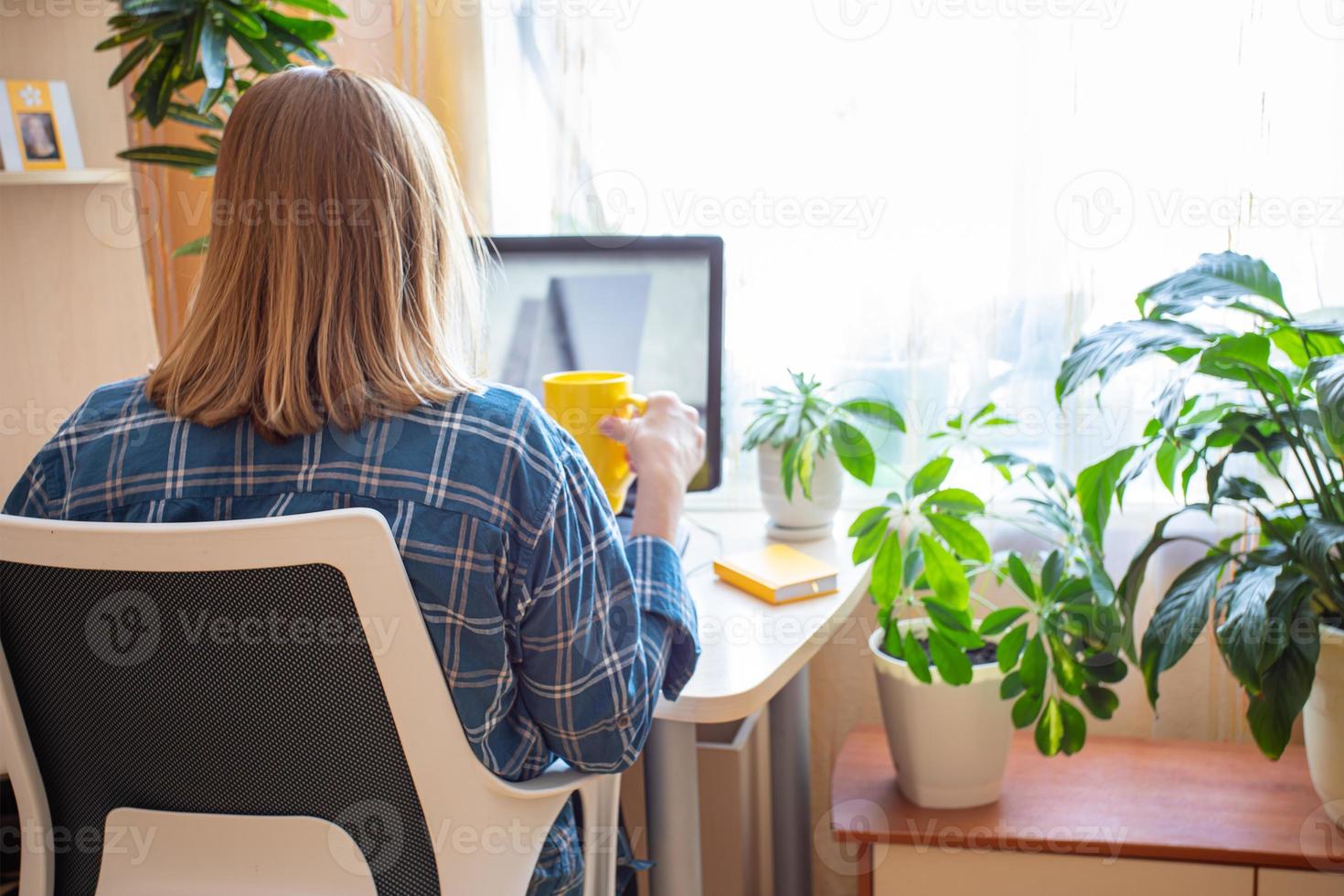 femme sur le lieu de travail à domicile avant l'ordinateur et avec des plantes vertes près de la fenêtre. tiré de dos. photo