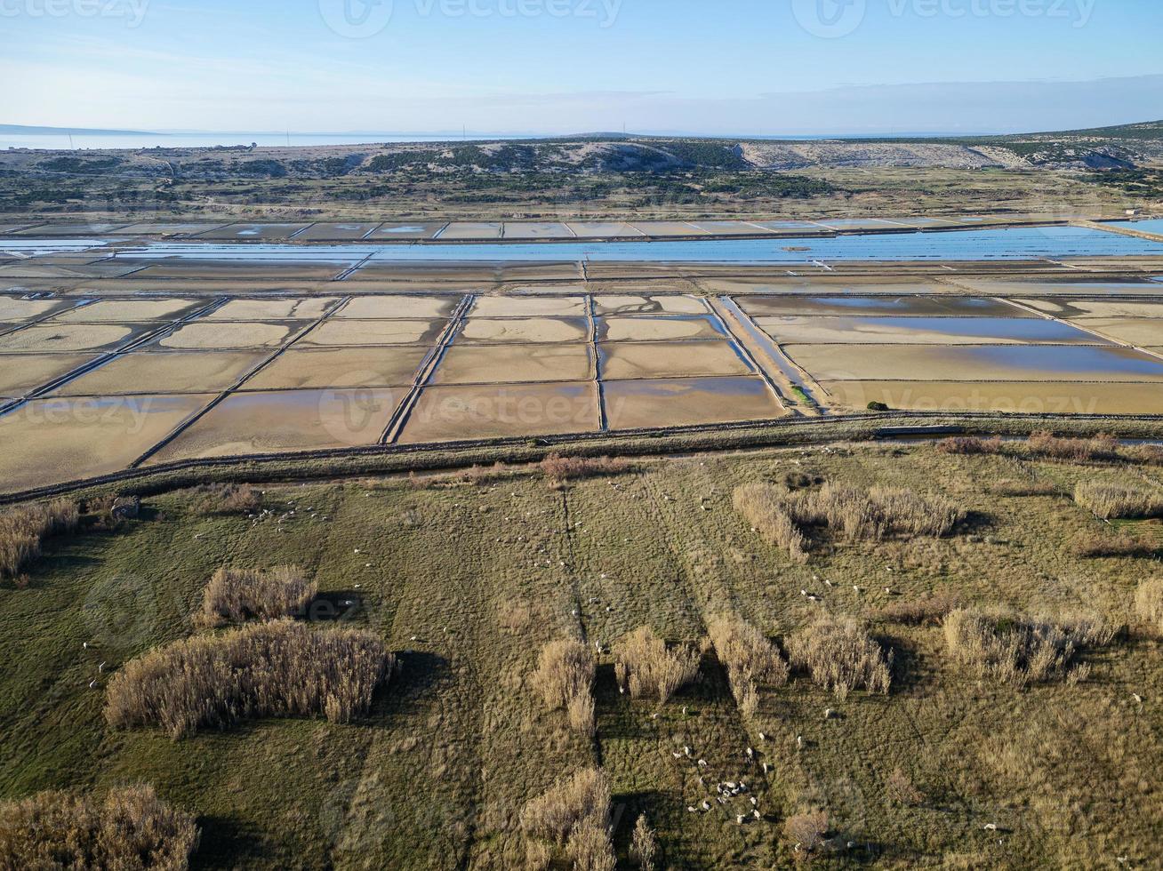 vue aérienne par drone des champs de sel de solana pag, le plus grand producteur de sel de mer en croatie, et ses opérations sont basées sur une tradition millénaire de production de sel de mer sur l'île de pag. photo