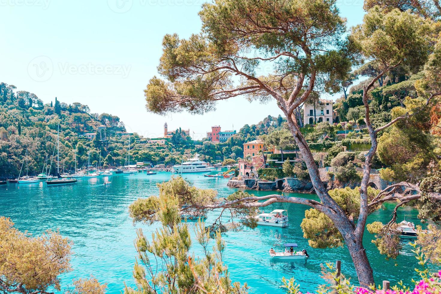 belle côte de la mer avec des maisons colorées à portofino, ligurie, italie. paysage d'été magnifique. photo